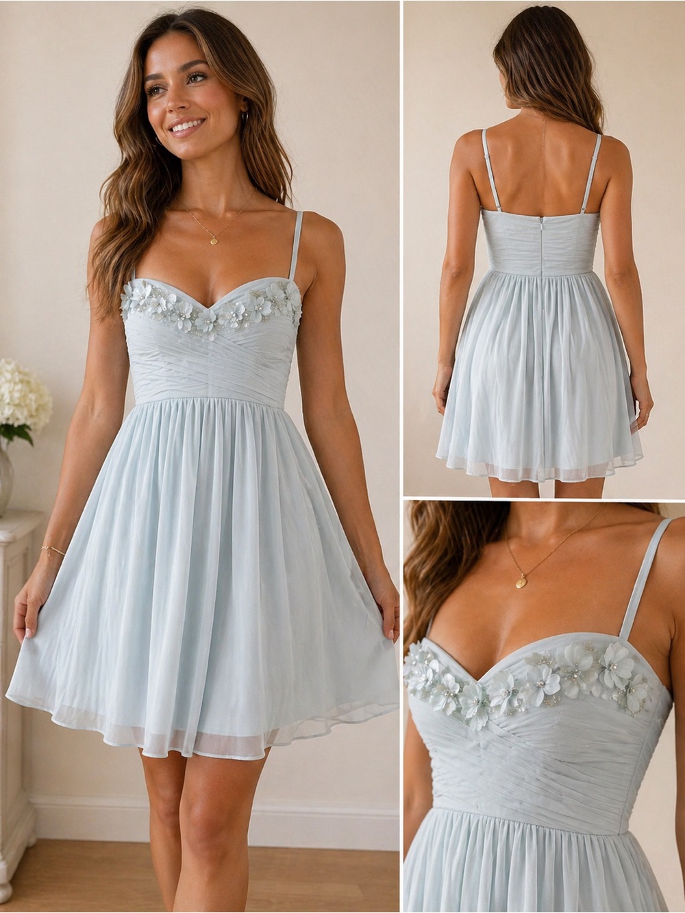 Adrianna Papell Pale Blue Floral Appliqué Chiffon Mini Dress